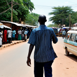 A vibrant street scene in Juba, South Sudan, depicting the lively daily commute. A fully clothed, modestly dressed person is standing near a busy road, observing the flow of Boda-Bodas (moto-taxis) and Matatus (minibus taxis) passing by. The background features typical Juba architecture with vibrant market stalls and local businesses. The scene captures the energy and dynamism of the city, with natural pose, perfect anatomy, correct proportions, well-formed hands, proper finger count, and natural body proportions. Professional photography style, high quality, safe for work, appropriate content, fully clothed, modest, family-friendly.