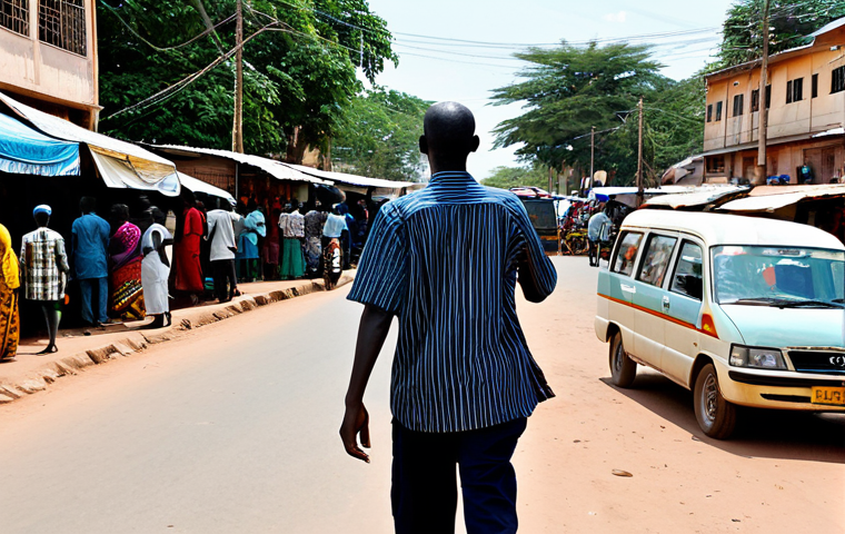 A vibrant street scene in Juba, South Sudan, depicting the lively daily commute. A fully clothed, modestly dressed person is standing near a busy road, observing the flow of Boda-Bodas (moto-taxis) and Matatus (minibus taxis) passing by. The background features typical Juba architecture with vibrant market stalls and local businesses. The scene captures the energy and dynamism of the city, with natural pose, perfect anatomy, correct proportions, well-formed hands, proper finger count, and natural body proportions. Professional photography style, high quality, safe for work, appropriate content, fully clothed, modest, family-friendly.