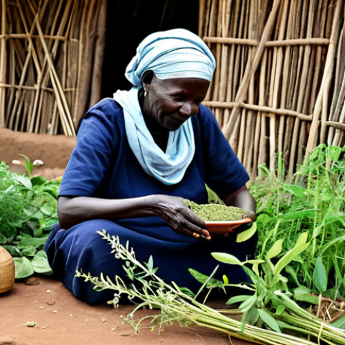 **

"A South Sudanese traditional healer, an older woman with a wise expression, fully clothed in modest traditional attire, preparing a herbal remedy in a rural village setting, surrounded by various medicinal plants. Safe for work, appropriate content, perfect anatomy, natural proportions, professional, family-friendly, showcasing the knowledge of traditional medicine, well-formed hands, proper finger count."

**