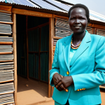 South Sudanese Entrepreneur**

"A South Sudanese woman, fully clothed in a vibrant, traditionally inspired business suit, standing confidently in front of her modern, solar-powered workshop in Juba. The workshop produces sustainable building materials.  Safe for work, appropriate content, professional, modest, family-friendly, perfect anatomy, correct proportions, natural pose, well-formed hands, proper finger count, natural body proportions, high quality."

**