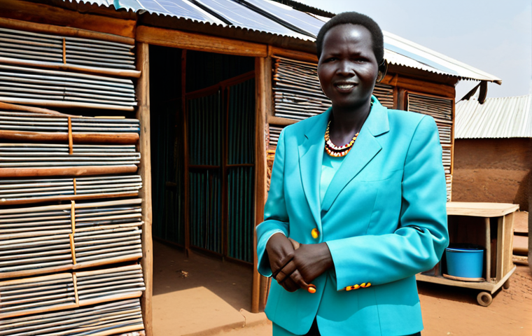 South Sudanese Entrepreneur**
"A South Sudanese woman, fully clothed in a vibrant, traditionally inspired business suit, standing confidently in front of her modern, solar-powered workshop in Juba. The workshop produces sustainable building materials. Safe for work, appropriate content, professional, modest, family-friendly, perfect anatomy, correct proportions, natural pose, well-formed hands, proper finger count, natural body proportions, high quality."
**