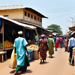 **A bustling street scene in Juba, South Sudan.** Focus on the vibrant activity: people in colorful traditional clothing, boda-bodas weaving through traffic, market stalls overflowing with goods. Emphasize the energy and chaos. *Prompt:* "A vibrant street scene in Juba, Soudan du Sud, filled with activity. People in colorful boubous and pagnes, boda-bodas, market stalls. Professional photography, high quality, safe for work, appropriate content, fully clothed, modest clothing, natural proportions."