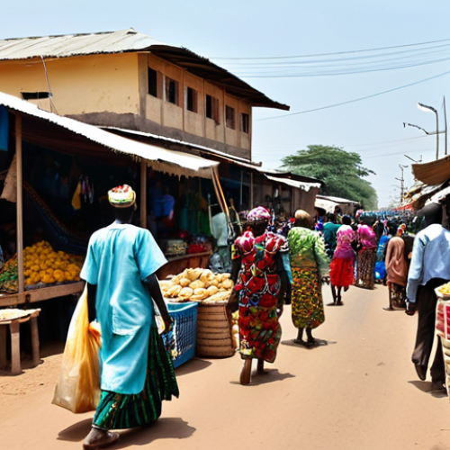 **A bustling street scene in Juba, South Sudan.** Focus on the vibrant activity: people in colorful traditional clothing, boda-bodas weaving through traffic, market stalls overflowing with goods. Emphasize the energy and chaos. *Prompt:* "A vibrant street scene in Juba, Soudan du Sud, filled with activity. People in colorful boubous and pagnes, boda-bodas, market stalls. Professional photography, high quality, safe for work, appropriate content, fully clothed, modest clothing, natural proportions."