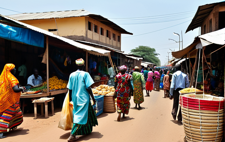 **A bustling street scene in Juba, South Sudan.** Focus on the vibrant activity: people in colorful traditional clothing, boda-bodas weaving through traffic, market stalls overflowing with goods. Emphasize the energy and chaos. *Prompt:* "A vibrant street scene in Juba, Soudan du Sud, filled with activity. People in colorful boubous and pagnes, boda-bodas, market stalls. Professional photography, high quality, safe for work, appropriate content, fully clothed, modest clothing, natural proportions."