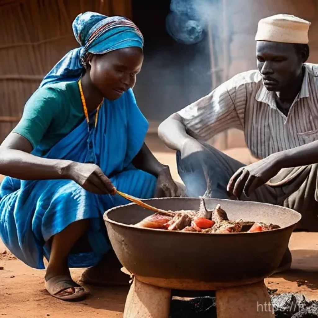 남수단 현지 음식 - **"A vibrant South Sudanese family meal. A multi-generational family, including parents, children, a...
