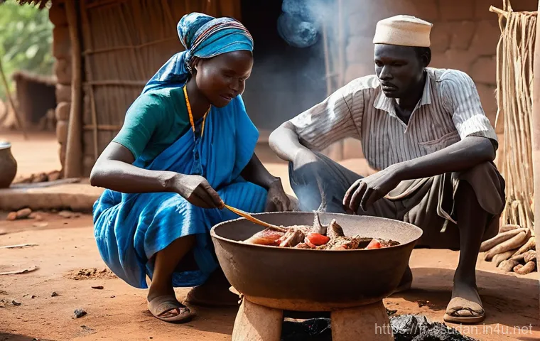 남수단 현지 음식 - **"A vibrant South Sudanese family meal. A multi-generational family, including parents, children, a...