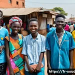 Home 13 남수단에서 한류 영향 - A vibrant urban street scene in Juba, South Sudan, showcasing a group of stylish teenagers wearing c...