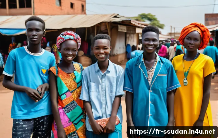 남수단에서 한류 영향 - A vibrant urban street scene in Juba, South Sudan, showcasing a group of stylish teenagers wearing c...