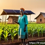 남수단에서 농업 기술 발전 - A vibrant South Sudanese rural farm scene at sunrise, showcasing local farmers wearing traditional c...