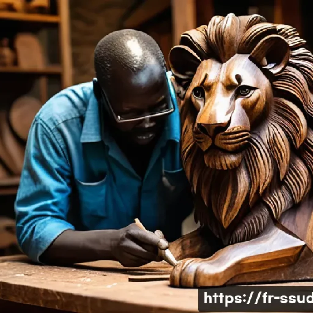 남수단의 공예품 및 기념품 - A skilled South Sudanese artisan carving a detailed wooden sculpture from acacia wood, depicting a m...