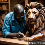 남수단의 공예품 및 기념품 - A skilled South Sudanese artisan carving a detailed wooden sculpture from acacia wood, depicting a m...