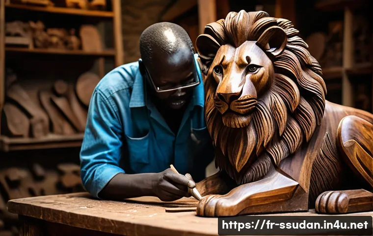 남수단의 공예품 및 기념품 - A skilled South Sudanese artisan carving a detailed wooden sculpture from acacia wood, depicting a m...