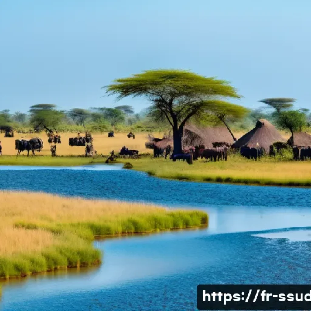 남수단의 여행 시 유의 사항 - A detailed scene of the South Sudanese landscape featuring vast flooded plains inhabited by Dinka ca...