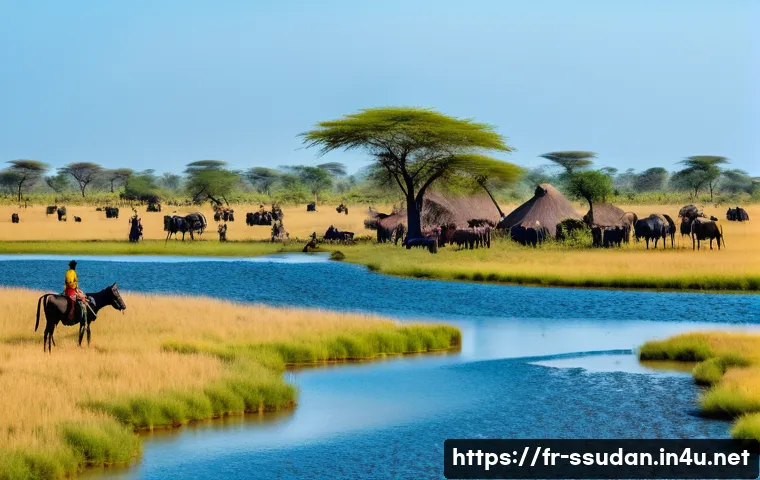 남수단의 여행 시 유의 사항 - A detailed scene of the South Sudanese landscape featuring vast flooded plains inhabited by Dinka ca...