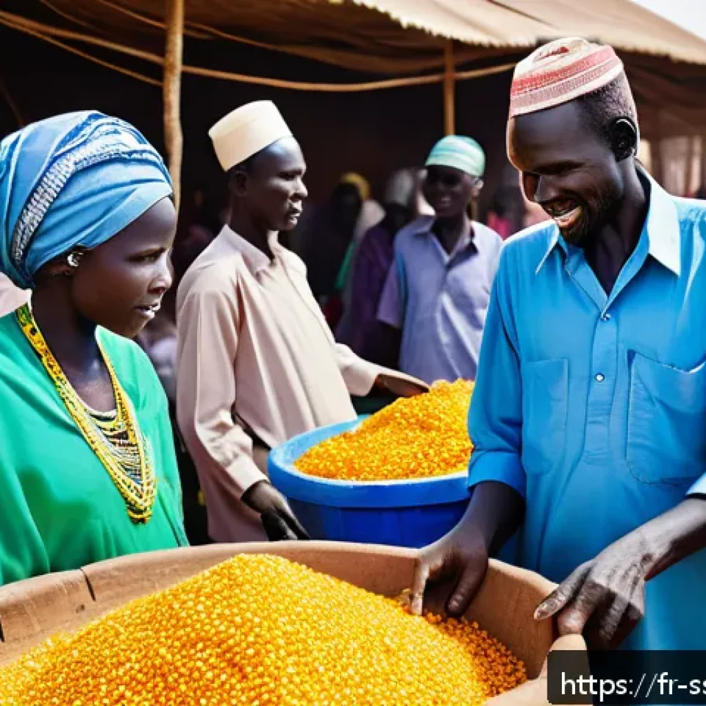남수단 아랍어 사용 - A vibrant South Sudanese market scene near the border, bustling with diverse ethnic groups dressed i...