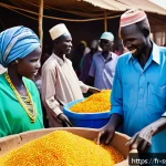 Home 22 남수단 아랍어 사용 - A vibrant South Sudanese market scene near the border, bustling with diverse ethnic groups dressed i...