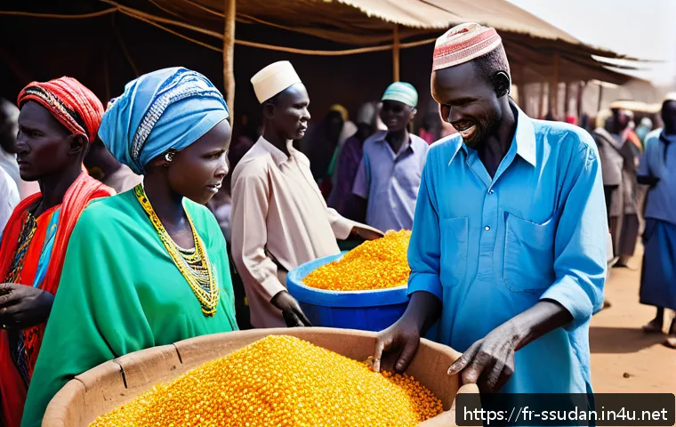 남수단 아랍어 사용 - A vibrant South Sudanese market scene near the border, bustling with diverse ethnic groups dressed i...