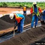 Home 21 남수단 원유 생산량 - A vibrant scene of South Sudanese workers constructing modern oil infrastructure in a semi-arid land...
