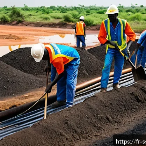 Home 33 남수단 원유 생산량 - A vibrant scene of South Sudanese workers constructing modern oil infrastructure in a semi-arid land...