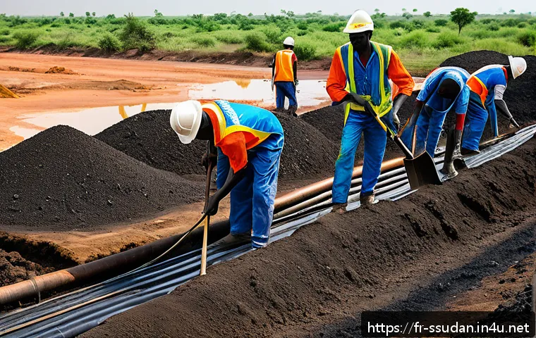 남수단 원유 생산량 - A vibrant scene of South Sudanese workers constructing modern oil infrastructure in a semi-arid land...
