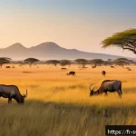 Home 19 남수단 관광 명소 - A vast, untouched African savanna landscape in Boma National Park at sunrise, with golden light illu...