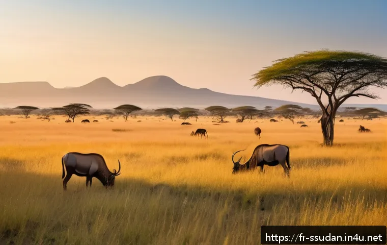 남수단 관광 명소 - A vast, untouched African savanna landscape in Boma National Park at sunrise, with golden light illu...