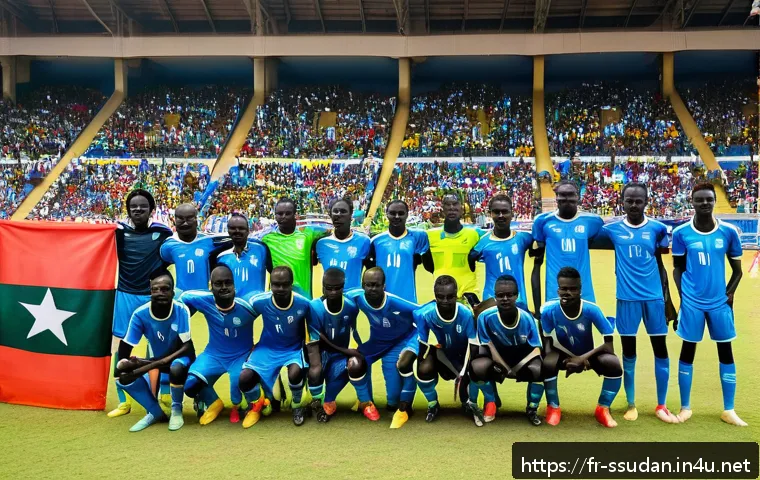 남수단 대표 축구팀 - A dynamic South Sudan national football team match scene, showcasing a diverse group of young male p...