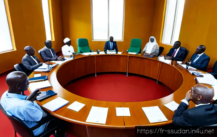 남수단과 아프리카연합 - Photorealistic diplomatic meeting in a modern African conference hall, South Sudanese delegates and ...
