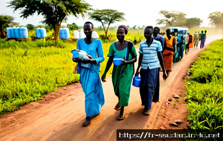 남수단 난민 문제 - Photorealistic wide documentary-style scene of South Sudanese refugee families arriving at a well-or...