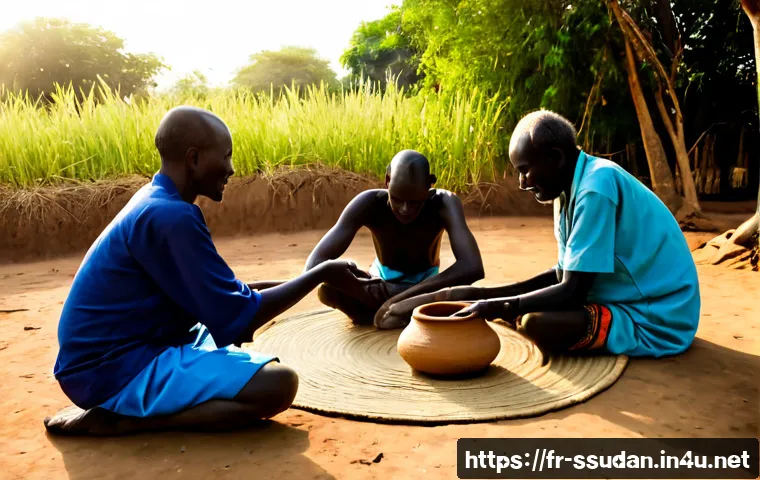 남수단의 치유 의식 - Photorealistic documentary-style scene of a respectful community healing ritual in rural South Sudan...