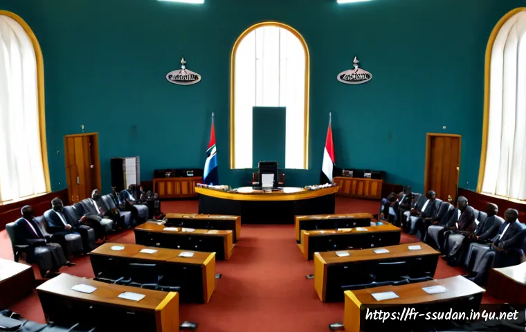 남수단 정치 구조 - Photorealistic wide interior of a modern parliamentary chamber in Juba, South Sudan, diverse elected...
