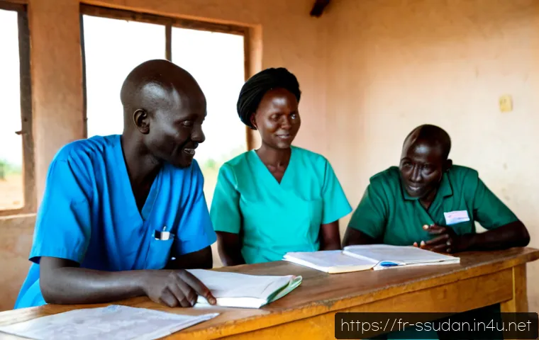 남수단과 국제 기구 협력 - Photorealistic documentary-style scene of South Sudanese community leaders, healthcare workers, and ...
